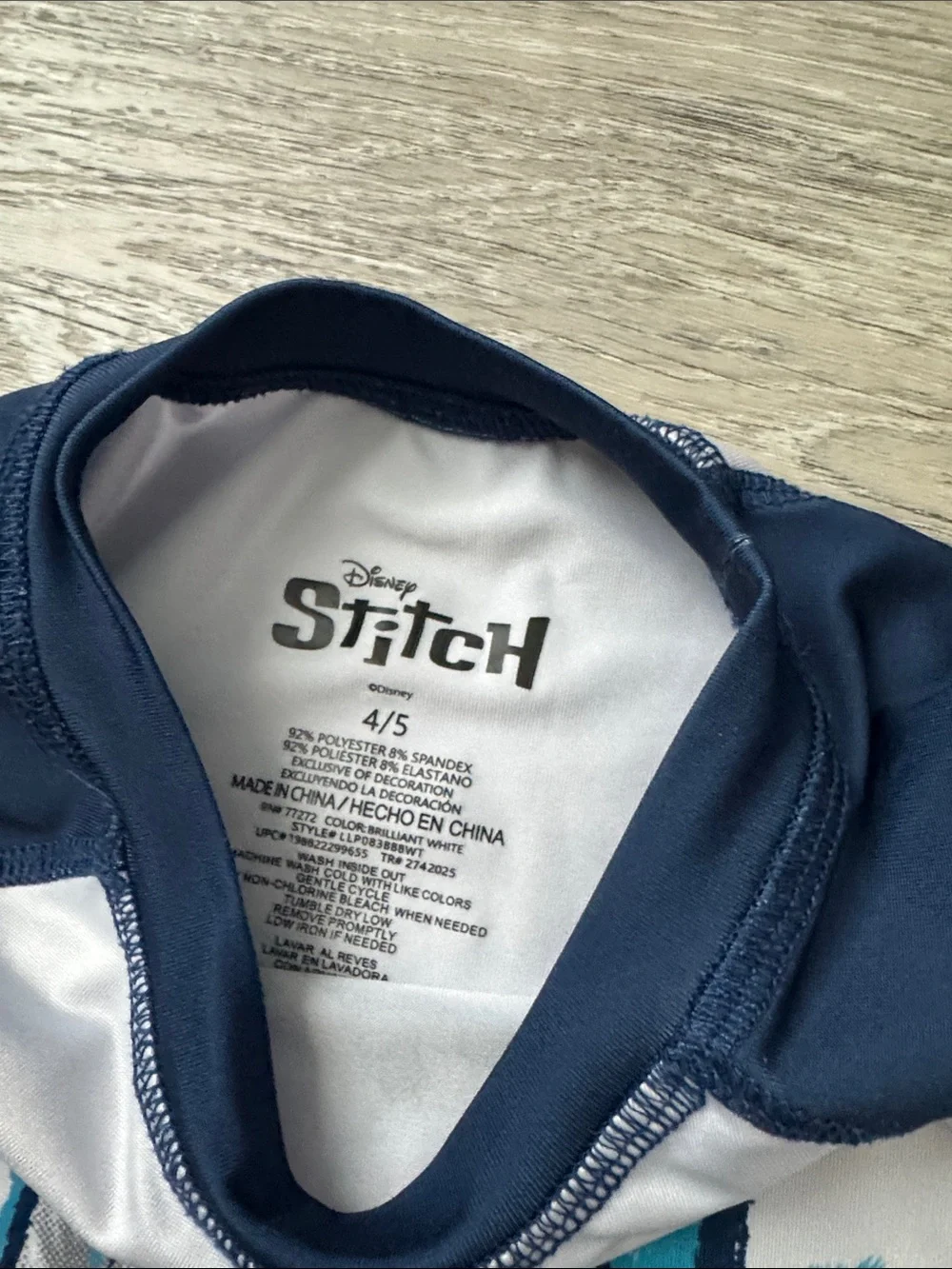 Disney Navy and White Stitch Swim Short Sleeve Rashguard Size 4/5